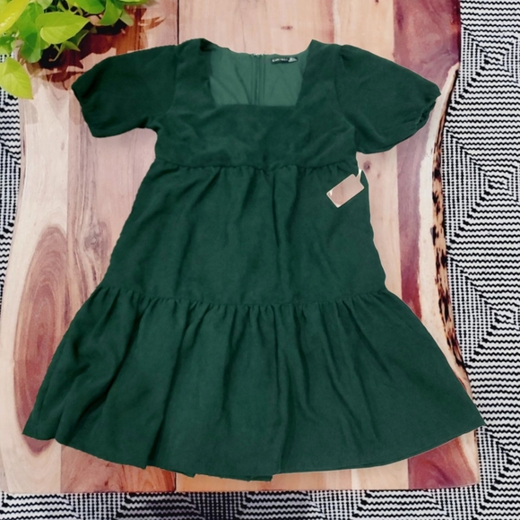 NWT BLACK TAPE Baby Doll Corduroy Drop Waist Emerald Green Dress - Picture 2 of 13